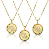 Gold Plated Initial Disc A - Z Rainbow Cubic Zirconia Letter Pendant Necklace